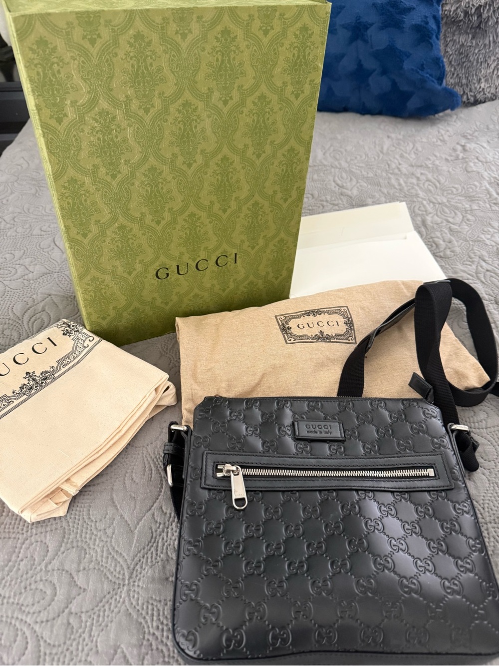 Gucci Guccisima Black Embossed GG Small Leather Mess. Bag with Silver Hardware